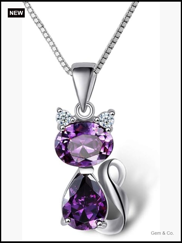 Amethyst Cat Pendant Necklace, 18'' Silver Chain, Gift Box & Card